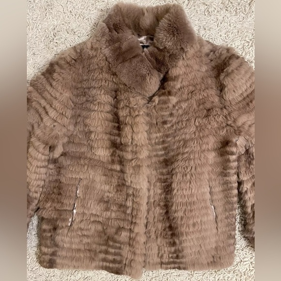 VOLARE New York taupe brown tan rabbit fur 3/4 sleeve jacket coat medium m - Picture 2 of 7